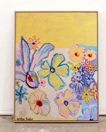 Colourful abstract painting of flowers  on a yellow background