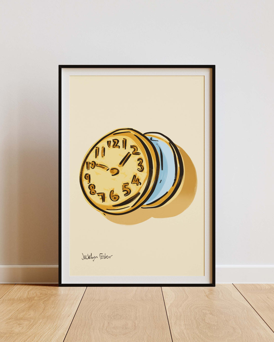 Framed artwork of a clock on a beige background