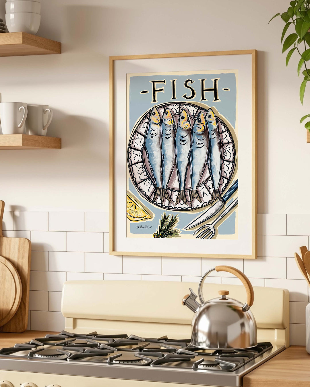 Kitchen with a stove, shelves with dishes, and a framed kitchen print of fish.