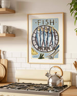 Kitchen with a stove, shelves with dishes, and a framed kitchen print of fish.