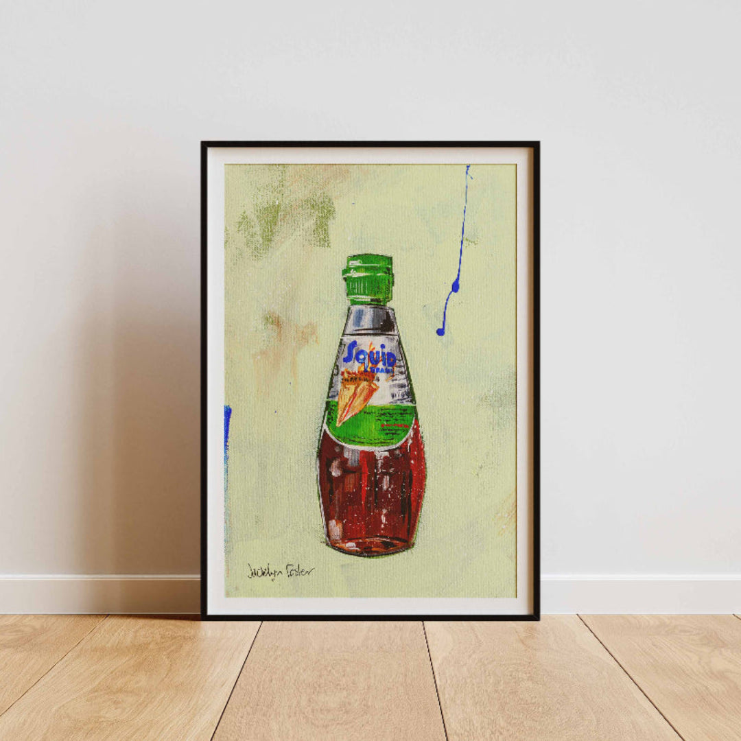 Framed artwork of a fish sauce bottle with a green background